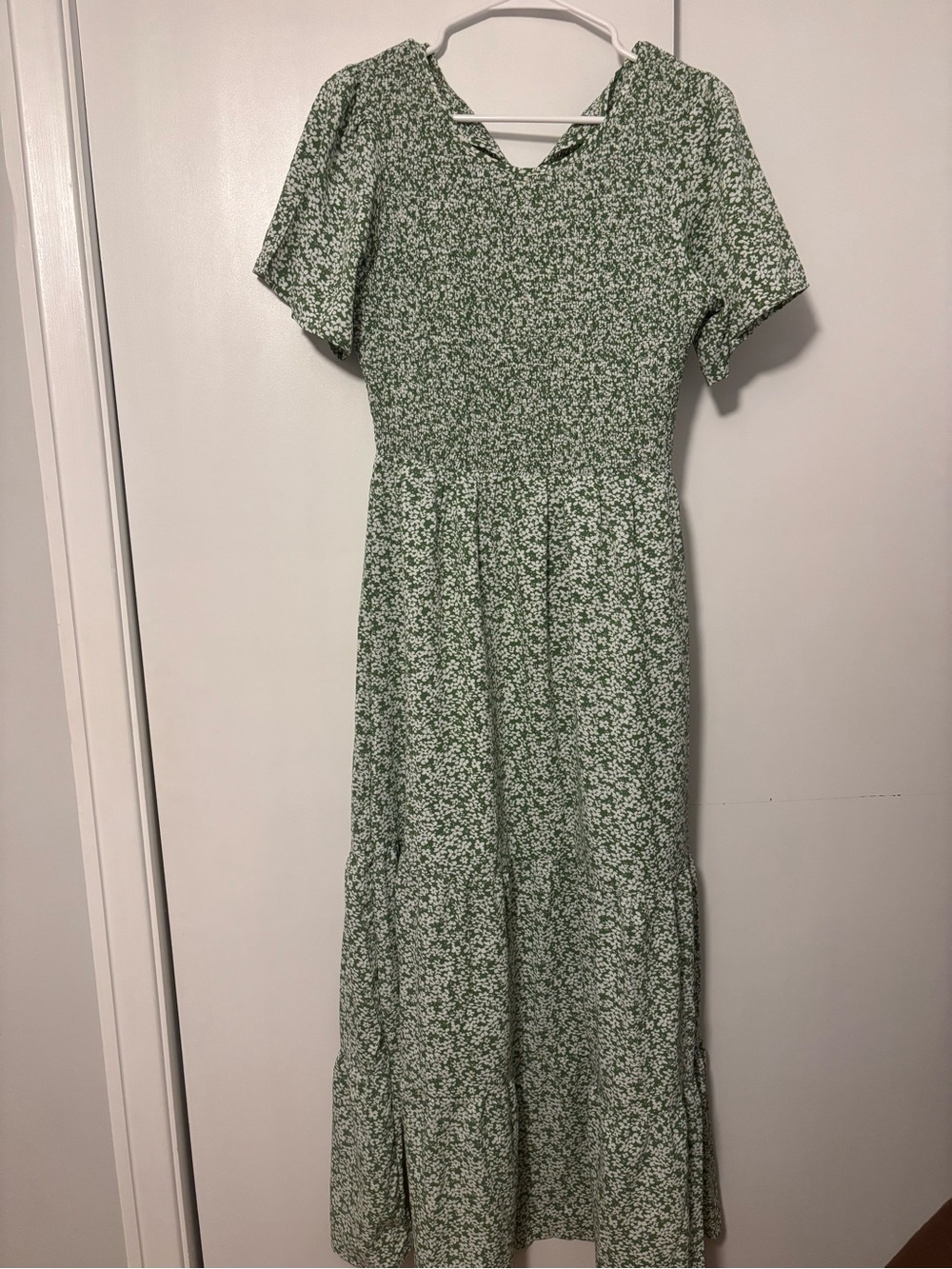 Women's Green Floral Maxi Dress with Smocked Bodice